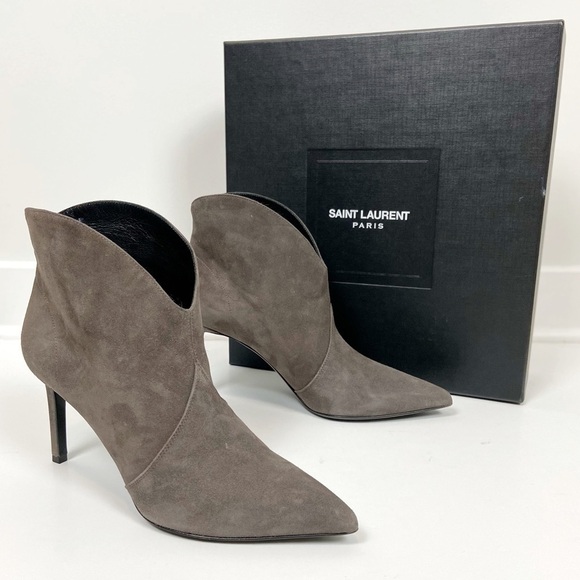 Saint Laurent Paris High Heeled Grey Suede Pointy Toe Ankle Boots Size 37 - Picture 1 of 13
